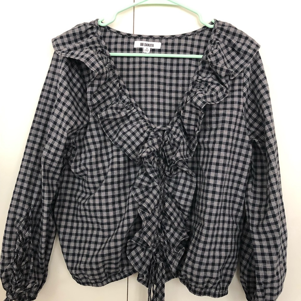 Navy Gingham Check Blouse w Ruffles